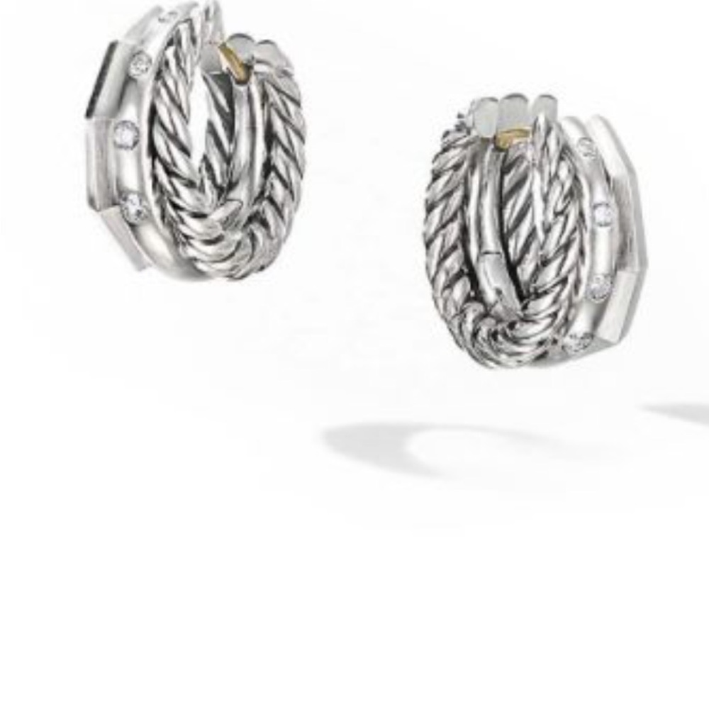 David Yurman Stax Collection Diamond Hoop Huggies SS/925